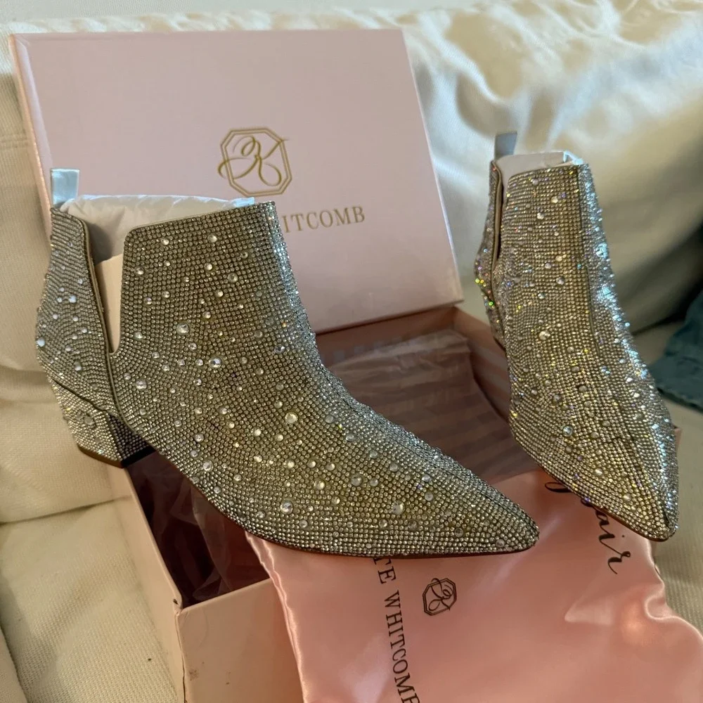 NEW Kate Whitcomb Brit Sparkly Rhinestone Boot Bootie Block High Heel Shoe Pearl